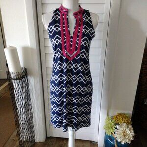 Tracy Negoshian Sleeveless Navy & Pink abstract V Neck Shift Dress, Size X-Small